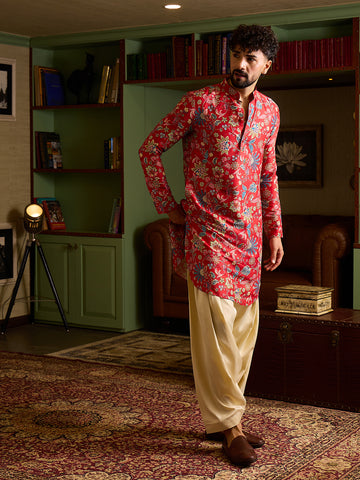 Chhaap Red Silk Blend floral and foliage printed Mens Kurta Set