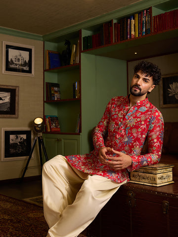 Chhaap Red Silk Blend floral and foliage printed Mens Kurta Set