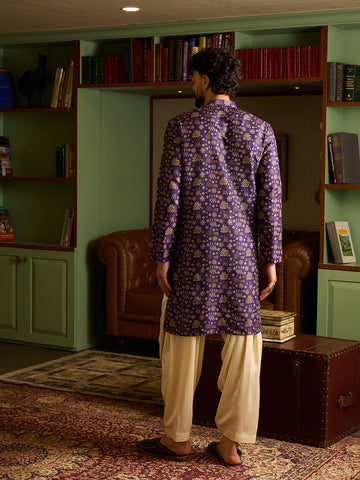 Men's Royal Purple Printed Kurta & Cream Patiala Salwar Set