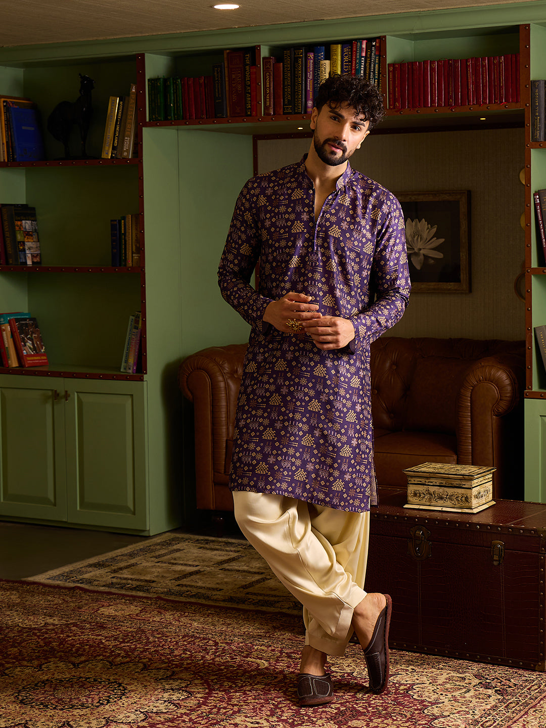 Men's Royal Purple Printed Kurta & Cream Patiala Salwar Set
