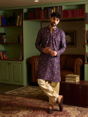 Men's Royal Purple Printed Kurta & Cream Patiala Salwar Set
