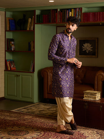 Men's Royal Purple Printed Kurta & Cream Patiala Salwar Set