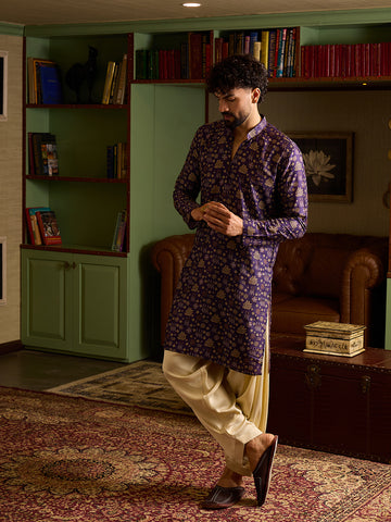Men's Royal Purple Printed Kurta & Cream Patiala Salwar Set
