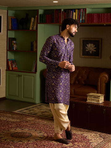 Men's Royal Purple Printed Kurta & Cream Patiala Salwar Set