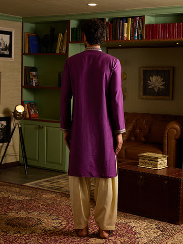 Men's Regal Purple Silk Kurta & Cream Patiala Salwar Set