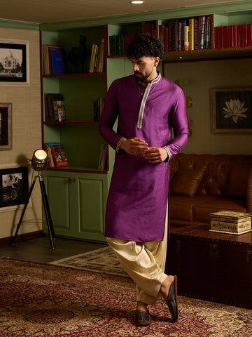 Men's Regal Purple Silk Kurta & Cream Patiala Salwar Set
