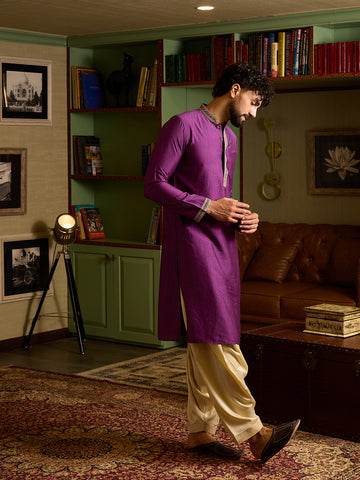 Men's Regal Purple Silk Kurta & Cream Patiala Salwar Set