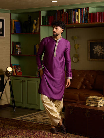 Men's Regal Purple Silk Kurta & Cream Patiala Salwar Set
