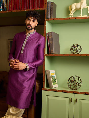 Men's Regal Purple Silk Kurta & Cream Patiala Salwar Set