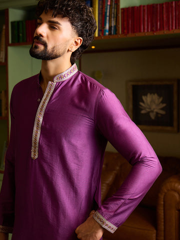 Men's Regal Purple Silk Kurta & Cream Patiala Salwar Set