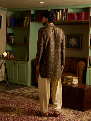 Men's Olive Green Printed Silk Kurta with Off-White Patiala Set