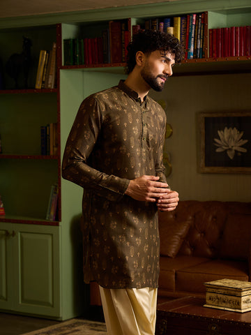 Men's Olive Green Printed Silk Kurta with Off-White Patiala Set