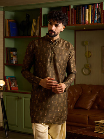 Men's Olive Green Printed Silk Kurta with Off-White Patiala Set