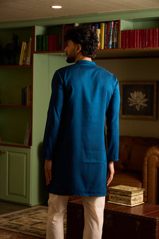 Teal Blue Embroidered Silk-Blend Men's Kurta