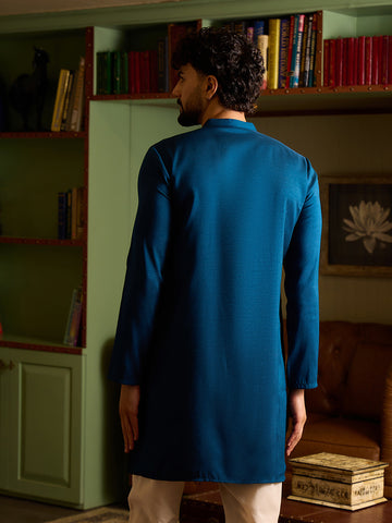 Royal Blue Embroidered Kurta with Off-White Pants Set