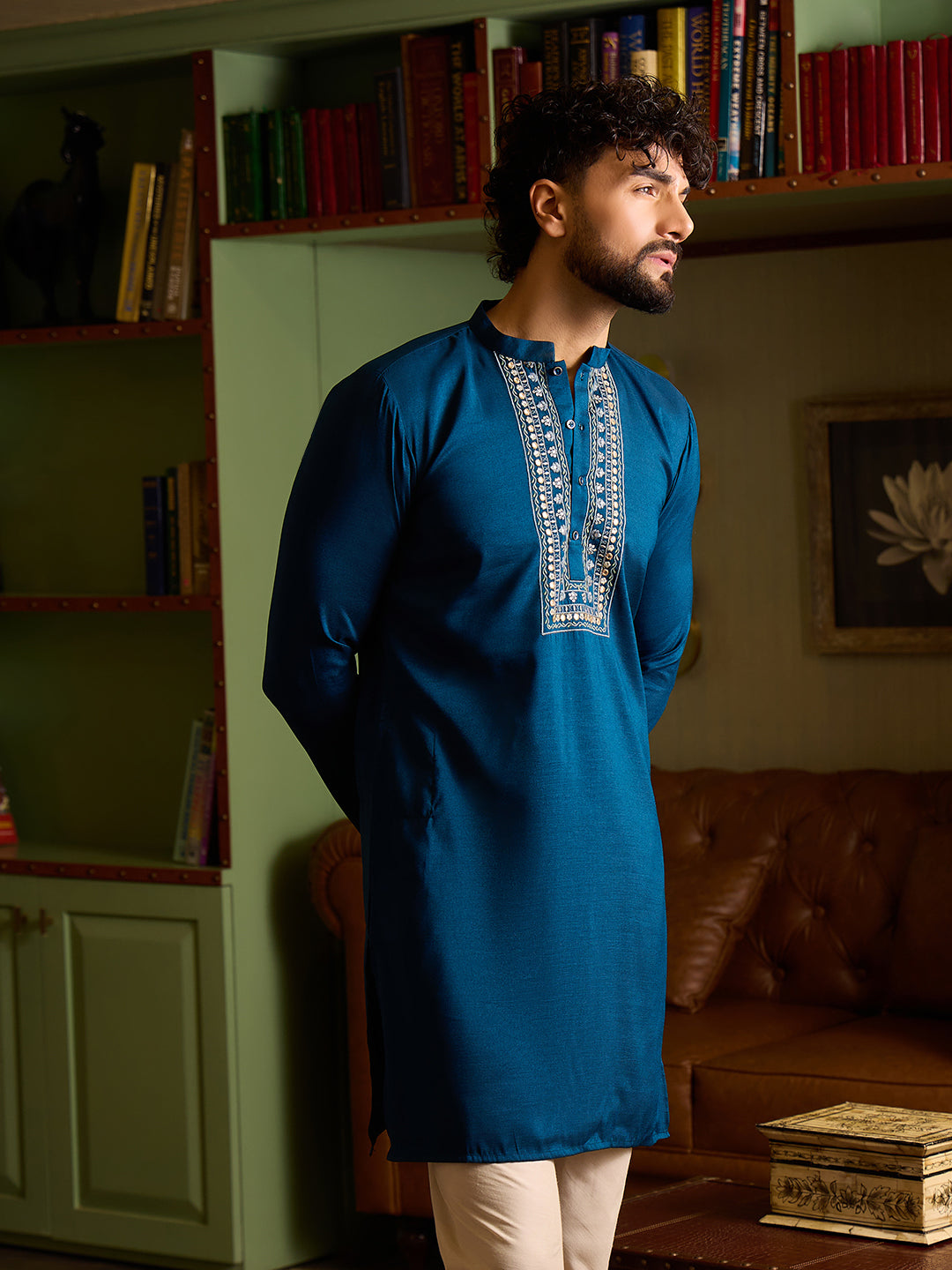 Royal Blue Embroidered Kurta with Off-White Pants Set