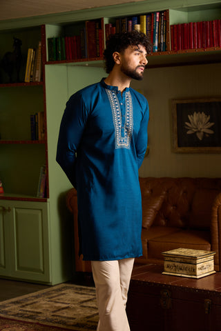 Teal Blue Embroidered Silk-Blend Men's Kurta