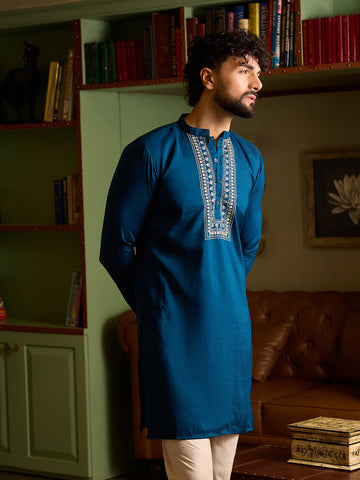 Royal Blue Embroidered Kurta with Off-White Pants Set