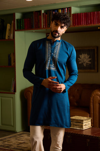Teal Blue Embroidered Silk-Blend Men's Kurta
