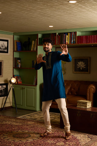 Teal Blue Embroidered Silk-Blend Men's Kurta