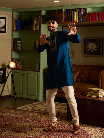 Royal Blue Embroidered Kurta with Off-White Pants Set