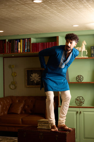 Teal Blue Embroidered Silk-Blend Men's Kurta