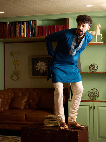 Royal Blue Embroidered Kurta with Off-White Pants Set