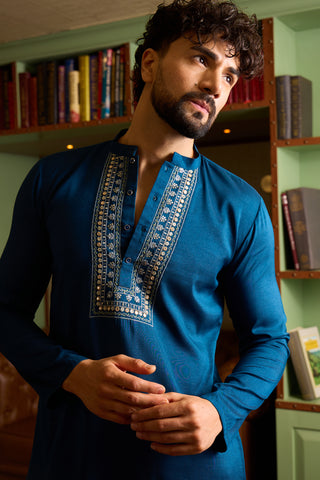 Teal Blue Embroidered Silk-Blend Men's Kurta