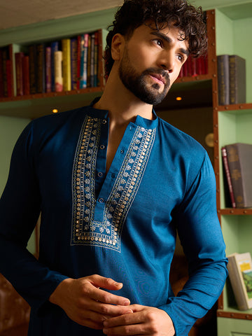 Royal Blue Embroidered Kurta with Off-White Pants Set
