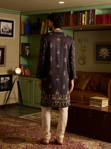 Men's Charcoal Black Printed Kurta & Pant Set