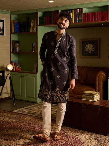 Men's Charcoal Black Printed Kurta & Pant Set
