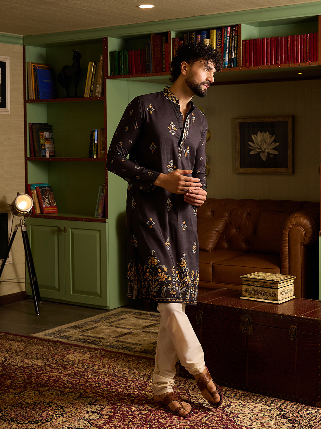 Men's Charcoal Black Printed Kurta & Pant Set