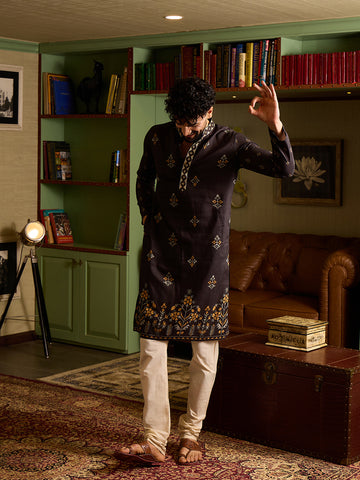 Men's Charcoal Black Printed Kurta & Pant Set