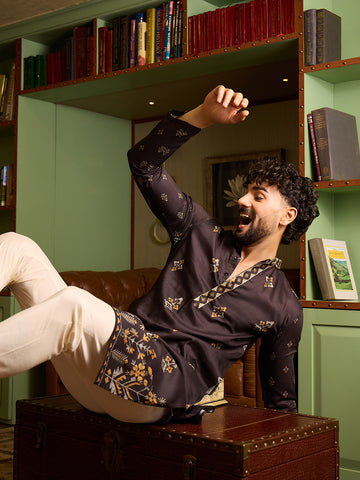 Men's Charcoal Black Printed Kurta & Pant Set