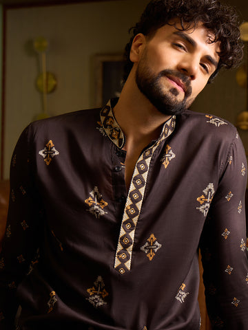 Men's Charcoal Black Printed Kurta & Pant Set