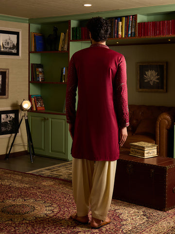 Men's Maroon Geometric Embroidered Kurta & Off-White Patiala Set