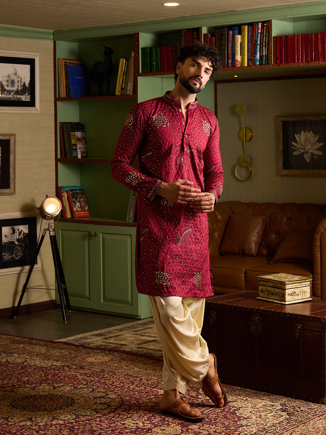 Men's Maroon Geometric Embroidered Kurta & Off-White Patiala Set