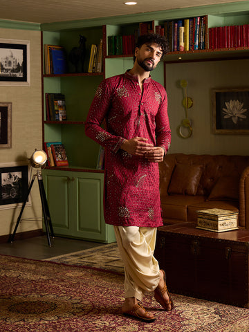Men's Maroon Geometric Embroidered Kurta & Off-White Patiala Set