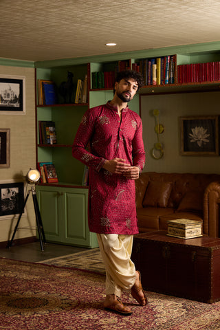 Chhaap Red Zari Sequence Embroidered Kurta