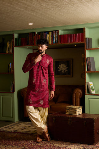 Chhaap Red Zari Sequence Embroidered Kurta