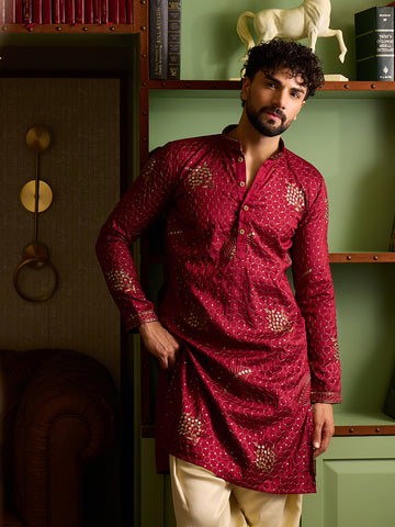 Men's Maroon Geometric Embroidered Kurta & Off-White Patiala Set