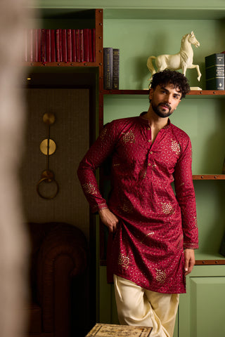 Chhaap Red Zari Sequence Embroidered Kurta