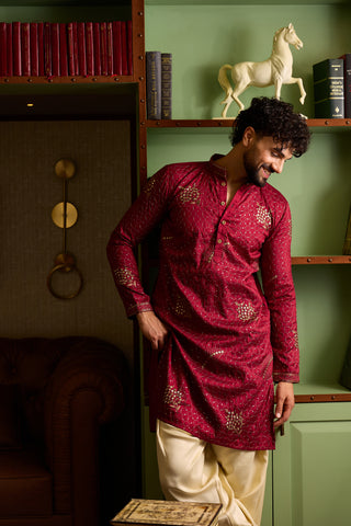 Chhaap Red Zari Sequence Embroidered Kurta