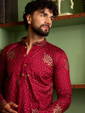 Men's Maroon Geometric Embroidered Kurta & Off-White Patiala Set