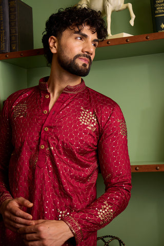 Chhaap Red Zari Sequence Embroidered Kurta