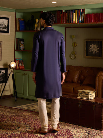 Men's Navy Blue Kurta & Pant Set with Gold Palm Tree Print