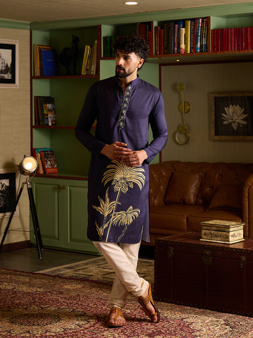 Men's Navy Blue Kurta & Pant Set with Gold Palm Tree Print