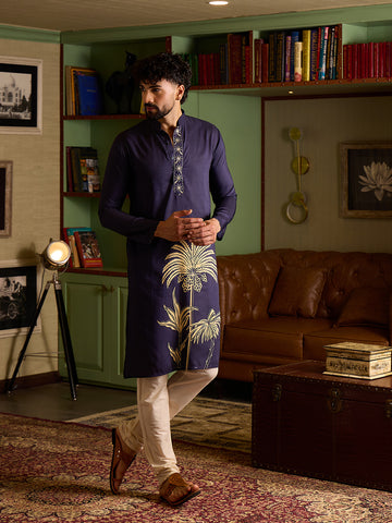 Men's Navy Blue Kurta & Pant Set with Gold Palm Tree Print