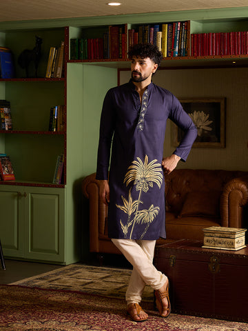 Men's Navy Blue Kurta & Pant Set with Gold Palm Tree Print