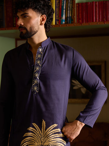 Men's Navy Blue Kurta & Pant Set with Gold Palm Tree Print